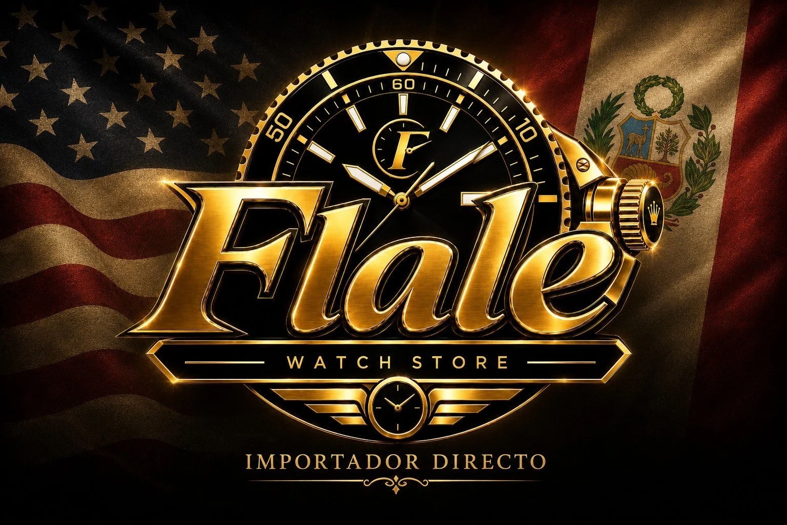 Flale Watch Store con banderas de Estados Unidos y Perú